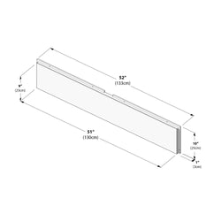 Technical line drawing of a 52-inch wall-mounted panel with mounting brackets showing measurements: 52" (133 cm) overall length, 51" (130 cm) panel length, 10" (25 cm) height, 9" (23 cm) depth, and 1" (3 cm) thickness — product dimensions for installation and listing.