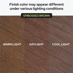 Embossed brown wood grain sample showing finish color variations under warm light, daylight, and cool light for embossed brown laminate color comparison