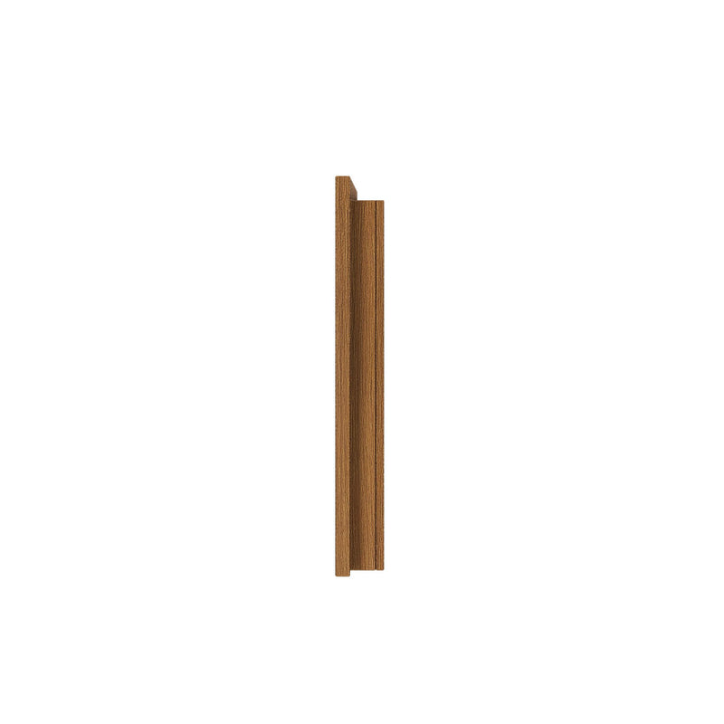 Vertical brown wooden door jamb profile with rabbeted edge on white background, close-up wood trim molding for interior doors and cabinetry