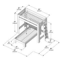 Assembly diagram of L-shaped twin loft bunk bed with ladder and lower perpendicular twin bed showing detailed dimensions in inches and centimeters including 83 in length 92 in overall depth 75 in height and 42 in width