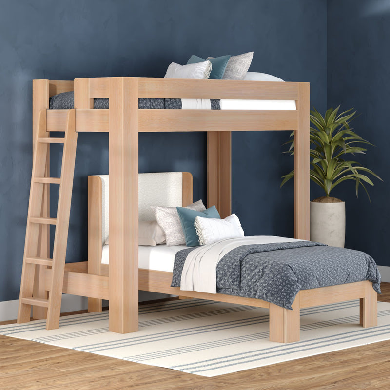 Modern natural wood loft bunk bed with ladder, upper bunk and lower bed dressed in blue and gray bedding, striped area rug, potted plant and navy accent wall in a contemporary bedroom