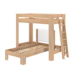 Twin-over-twin natural wood bunk bed with ladder, slatted platform frames and upholstered white headboard panel — modern space-saving kids bedroom furniture