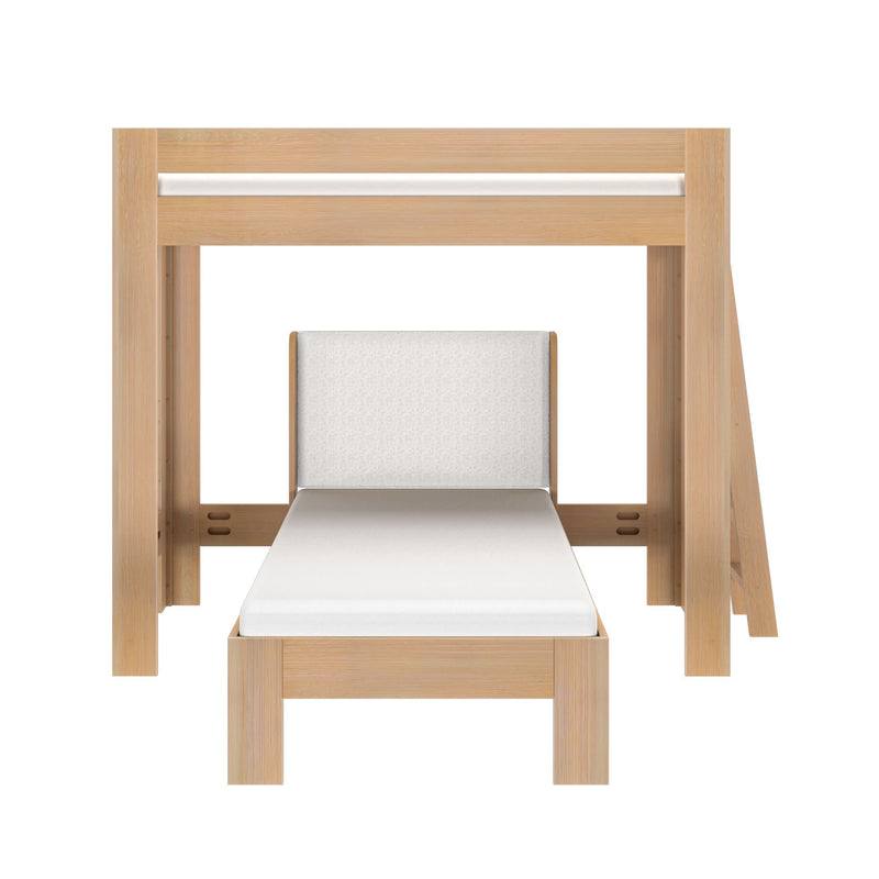 Modern natural wood loft bed with single mattress and light gray upholstered headboard, minimalist Scandinavian style