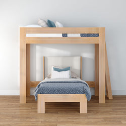Modern light wood loft bunk bed (twin-over-twin) with lower single bed, blue patterned bedding and pillows in a minimalist Scandinavian kids bedroom, space-saving design