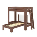 Modern walnut twin-over-twin wooden bunk bed with ladder, slatted mattress supports, guardrails and space-saving loft design for kids' bedrooms