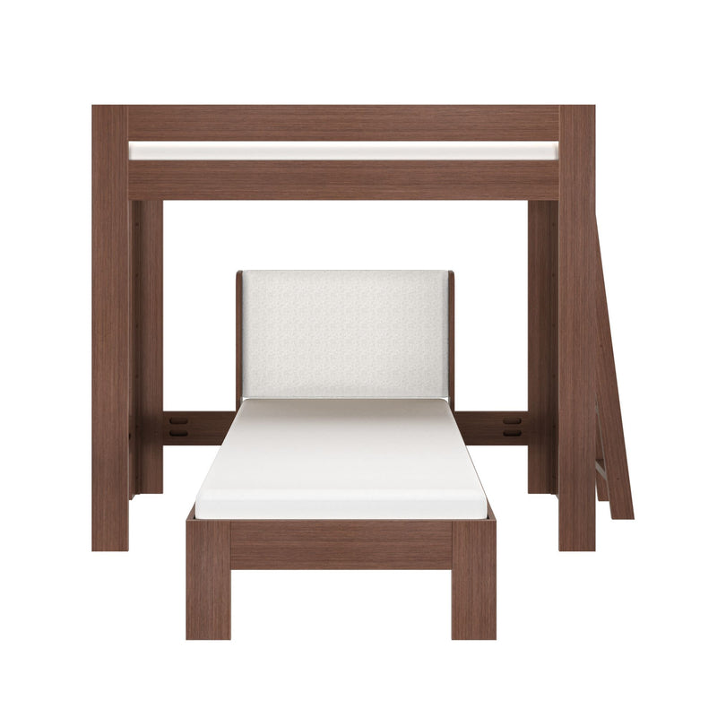 Modern walnut wooden loft bed with single white mattress and upholstered headboard, built-in ladder, space-saving design