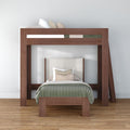 Space-saving modern wooden loft bunk bed (twin over full) with green quilted comforter, beige upholstered headboard and decorative pillows on hardwood floor in minimalist white bedroom.