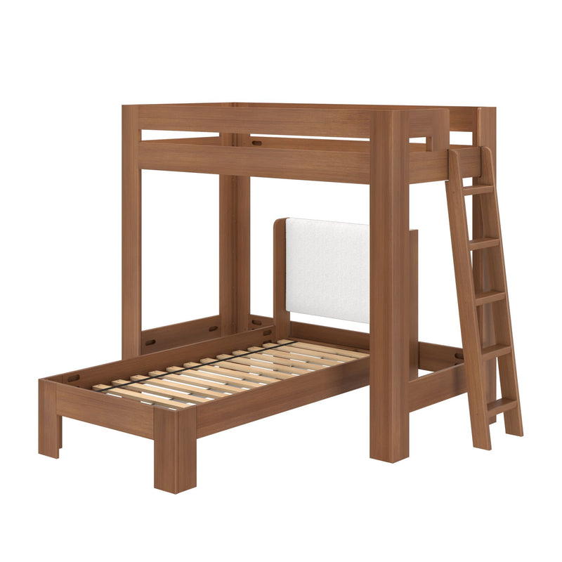 Twin loft bunk bed in walnut-finish wood with ladder, slatted twin bases and upholstered lower headboard — space-saving kids' bedroom furniture