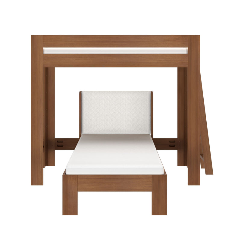 Walnut-finish solid wood loft bunk bed with pull-out single bed and upholstered white headboard — modern space-saving kids and teen bedroom furniture
