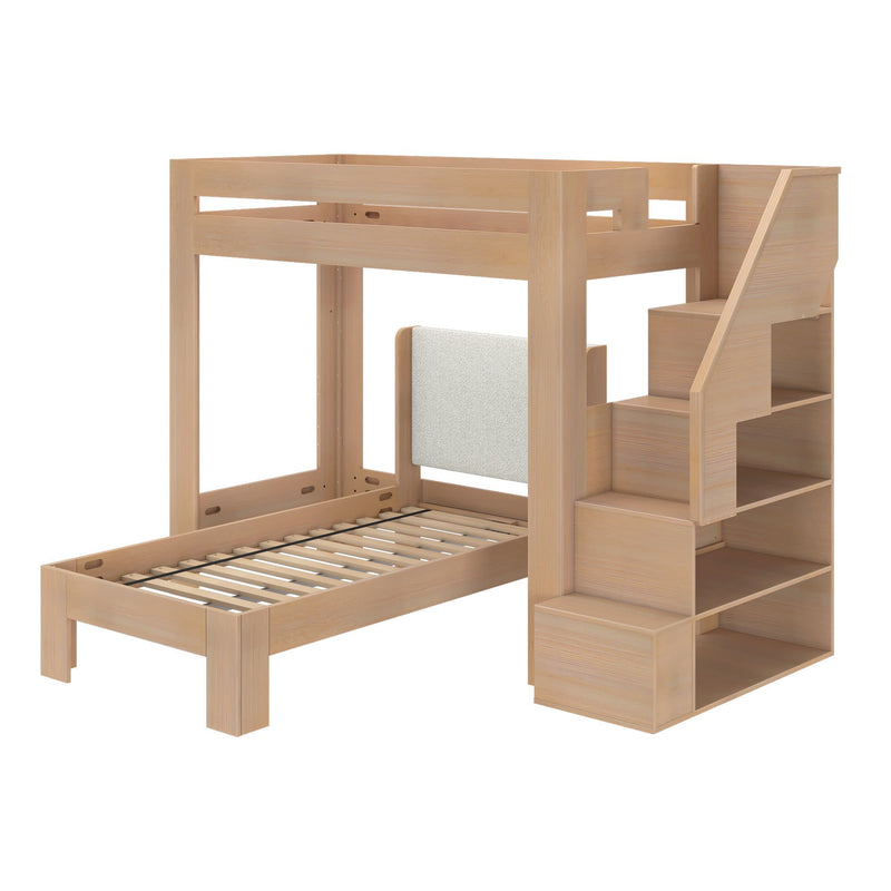 Natural wood loft bed with built-in staircase and open shelving, space-saving twin-over-twin bunk bed frame for kids in modern minimalist design
