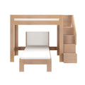 Light wood loft bed with built-in staircase storage and twin bed underneath, space-saving modern kids' bedroom furniture