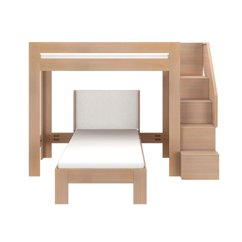 Light wood loft bed with built-in staircase storage and twin bed underneath, space-saving modern kids' bedroom furniture