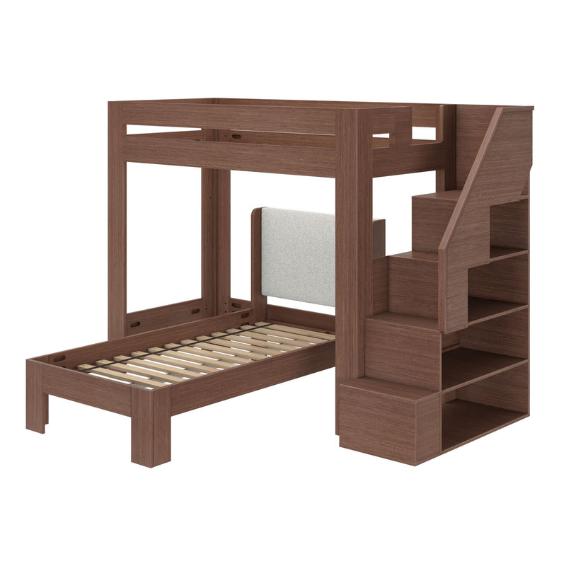 Walnut wood twin loft bunk bed with built-in staircase storage shelves and slatted lower bed frame, modern kids' bedroom furniture