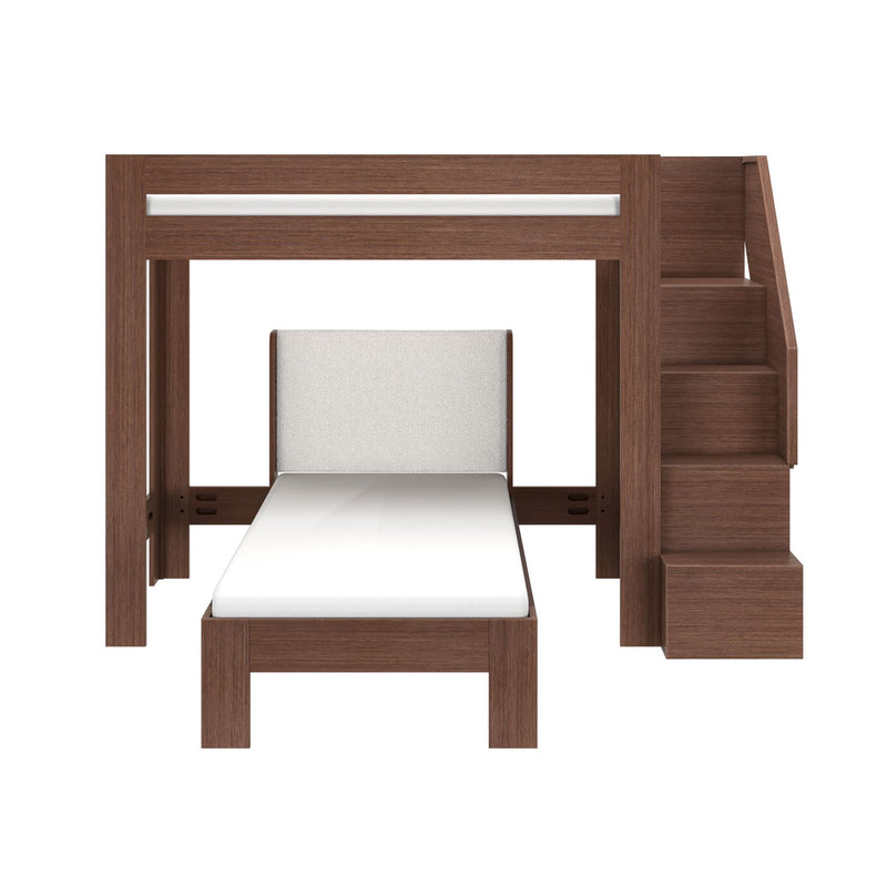 Space-saving modern walnut loft bed with built-in staircase and lower platform bed featuring a white upholstered headboard and sturdy wooden frame