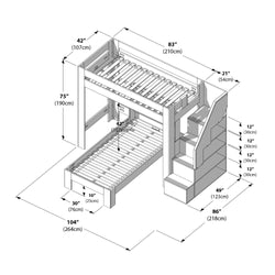 Isometric diagram of a wooden loft bunk bed with staircase, built-in storage shelves and pull-out lower trundle, annotated with dimensions in inches and centimeters (footprint 104×86 in, height 75 in, top bunk length 83 in) for kids' bedroom space planning