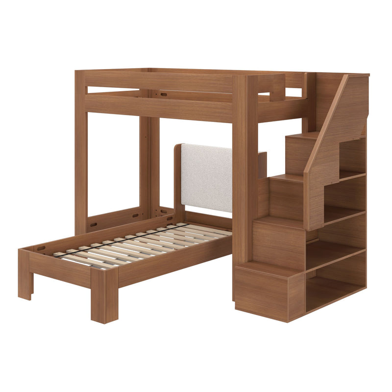 Walnut-finish solid wood twin loft bunk bed with staircase and built-in shelving, space-saving kids' bedroom furniture with slatted mattress base