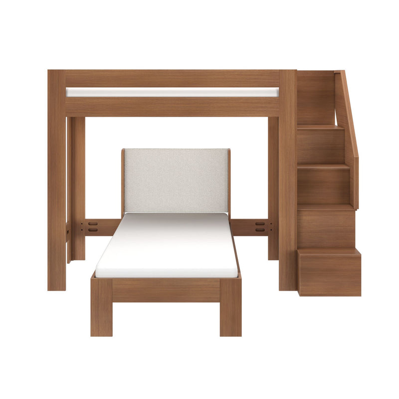 Space-saving modern solid wood loft bed with built-in staircase storage, twin lower bed and raised sleeping platform in light walnut finish