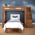 Modern wooden loft bunk bed with built-in stairs, blue patterned bedding and white linens in a space-saving kids' bedroom with hardwood floor