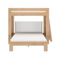 Modern light oak wooden loft bed frame with white mattress and gray upholstered headboard, minimalist Scandinavian bedroom furniture ideal for small spaces