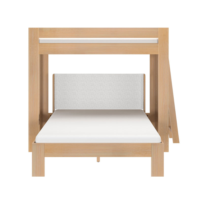 Modern light oak wooden loft bed frame with white mattress and gray upholstered headboard, minimalist Scandinavian bedroom furniture ideal for small spaces