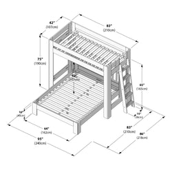 Diagram of a twin-over-full wooden bunk bed with ladder and slatted platforms, labeled dimensions in inches and centimeters: top twin 42″×83″ (107×210 cm), bottom full 64″×83″ (162×210 cm), overall footprint 95″×86″ (240×218 cm), frame height 75″ (190 cm), ladder height 65″ (165 cm).