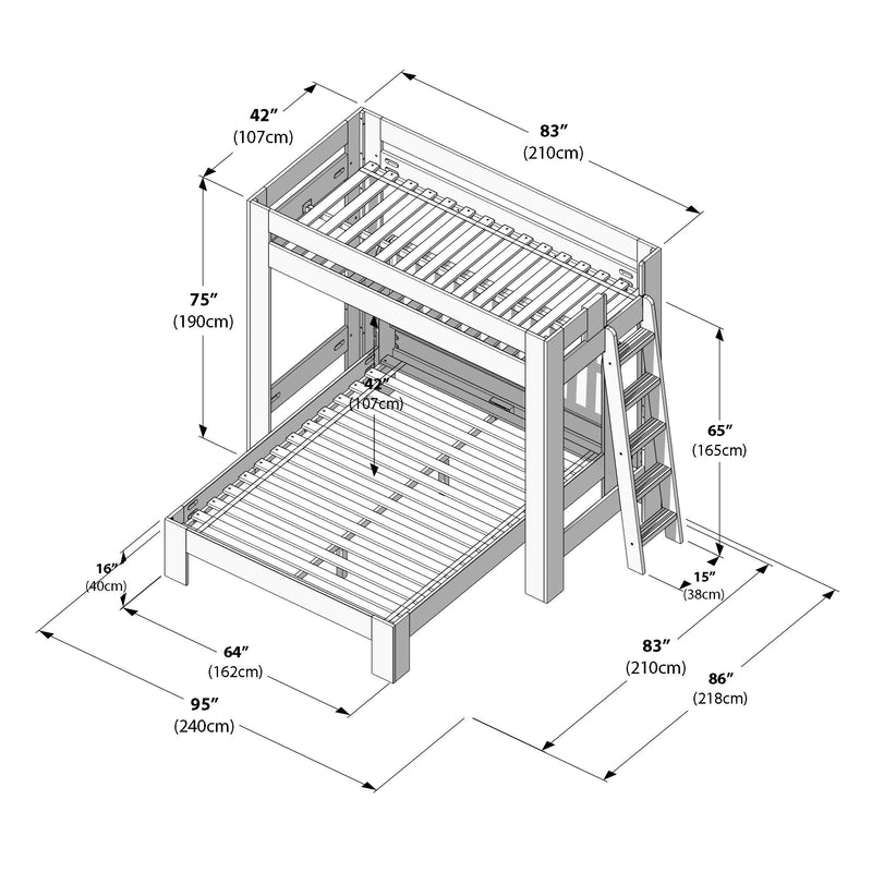 Diagram of a twin-over-full wooden bunk bed with ladder and slatted platforms, labeled dimensions in inches and centimeters: top twin 42″×83″ (107×210 cm), bottom full 64″×83″ (162×210 cm), overall footprint 95″×86″ (240×218 cm), frame height 75″ (190 cm), ladder height 65″ (165 cm).