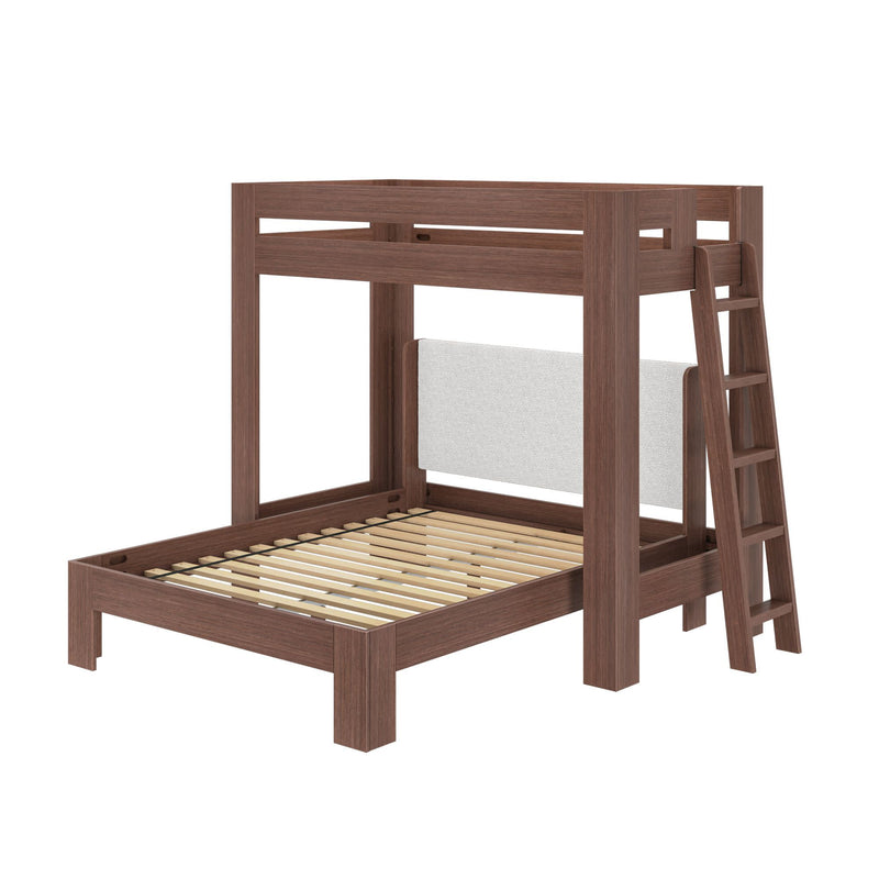 Modern walnut wooden twin-over-full bunk bed with ladder, slatted platform base and upholstered headboard — space-saving loft-style bedroom furniture on white background