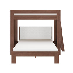 Modern walnut-finish wooden single bunk bed with white mattress and light gray upholstered headboard and side ladder, isolated on white background