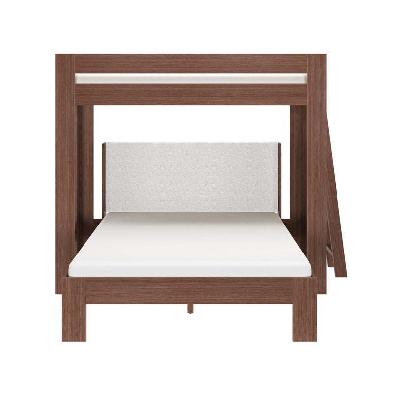 Modern walnut-finish wooden single bunk bed with white mattress and light gray upholstered headboard and side ladder, isolated on white background