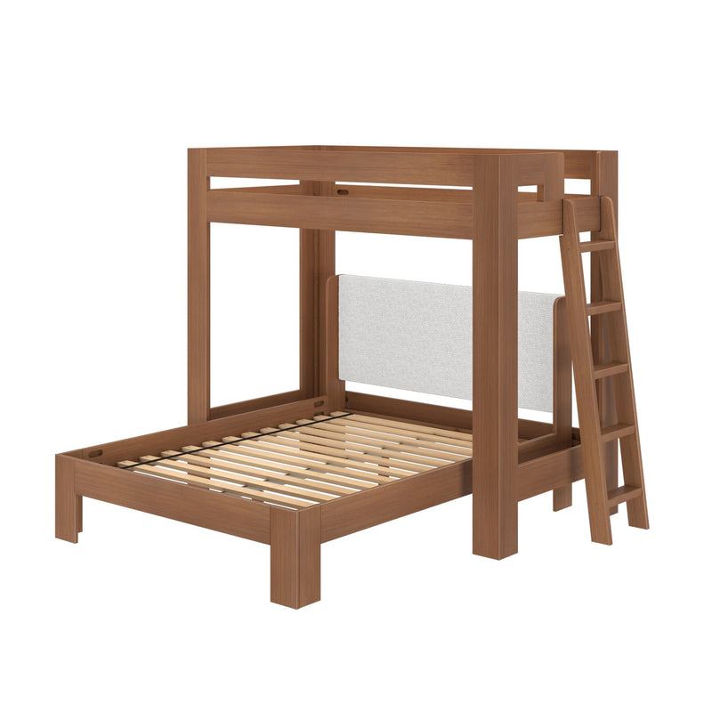 Twin-over-full solid wood bunk bed with ladder, slatted lower platform and neutral fabric panel — modern space-saving bedroom design