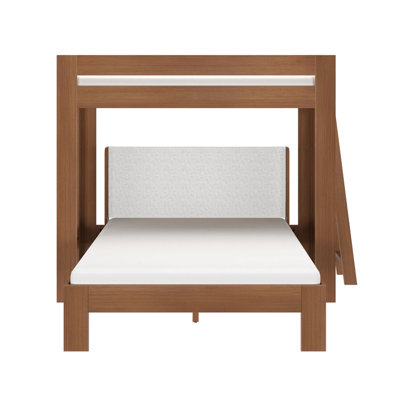 Modern natural oak wooden canopy bed frame with white upholstered headboard and mattress, minimalist contemporary bedroom furniture