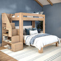Light oak twin-over-full bunk bed with built-in stair storage, blue accent wall and blue-white patterned bedding in a cozy bedroom