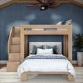 Modern light-wood bunk bed with stairs, lower double bed and upper twin loft, blue patterned bedding and decorative pillows against a textured blue accent wall, contemporary bedroom decor