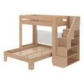Space-saving natural wood twin-over-full bunk bed with integrated staircase and built-in storage shelves, slatted platform base for kids' bedroom