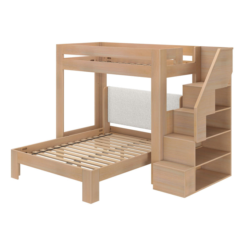 Space-saving natural wood twin-over-full bunk bed with integrated staircase and built-in storage shelves, slatted platform base for kids' bedroom