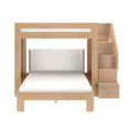 Modern natural oak loft bunk bed with full-size lower bed, upper sleeping loft and staircase with built-in storage, minimalist design