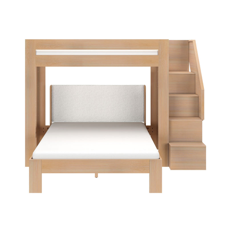 Modern natural oak loft bunk bed with full-size lower bed, upper sleeping loft and staircase with built-in storage, minimalist design