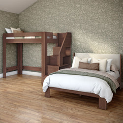 Modern bedroom with wooden loft bunk bed and staircase, full bed with neutral bedding, green floral wallpaper, hardwood floor