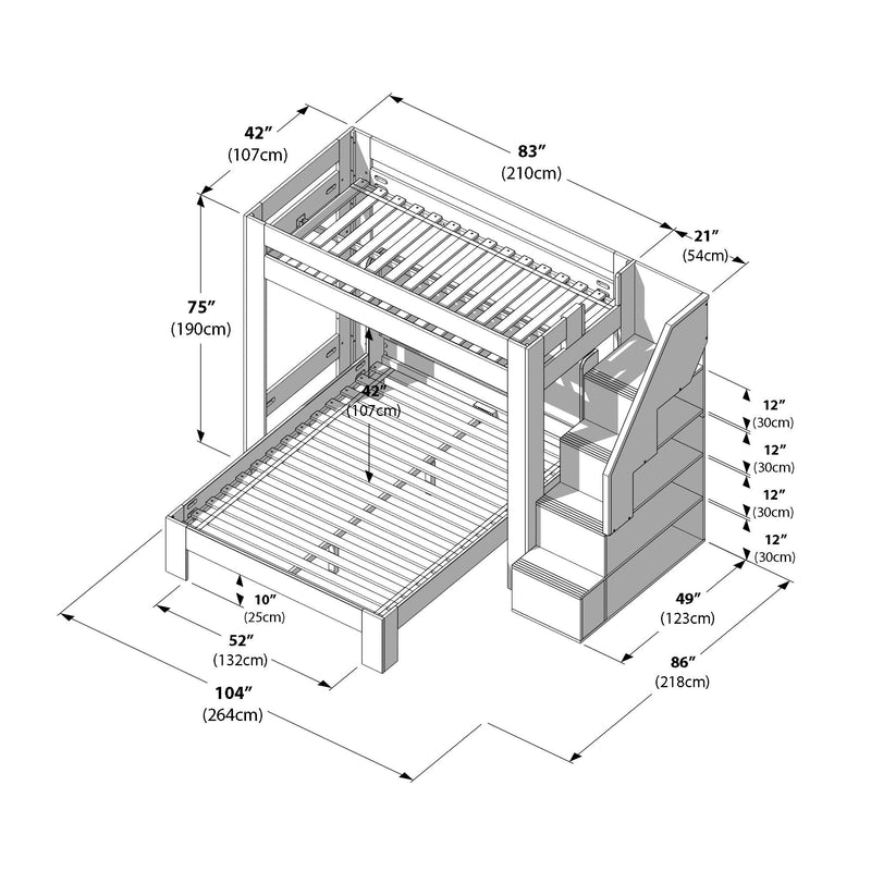 Isometric dimensions diagram of a loft bunk bed with built-in staircase and storage drawers, overall 104" x 86" x 75" (264cm x 218cm x 190cm), top platform 83" x 42" (210cm x 107cm), staircase 49" x 21" (123cm x 54cm) — bunk bed dimensions and bedroom space planning guide.