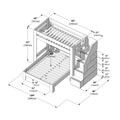 Isometric dimensions diagram of a loft bunk bed with built-in staircase and storage drawers, overall 104" x 86" x 75" (264cm x 218cm x 190cm), top platform 83" x 42" (210cm x 107cm), staircase 49" x 21" (123cm x 54cm) — bunk bed dimensions and bedroom space planning guide.