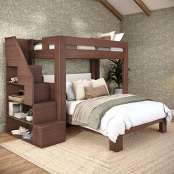 Walnut wood twin-over-full bunk bed with built-in staircase storage in modern bedroom, neutral layered bedding, green floral wallpaper and jute rug