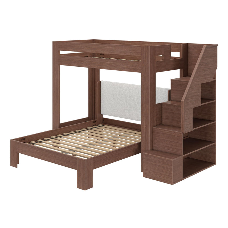 Brown wooden loft bunk bed with built-in staircase and open storage shelves, slatted platform and upholstered back panel, modern children's bedroom furniture