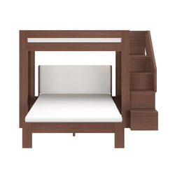 Brown wooden bunk bed with staircase storage, full-size lower bed and upper loft, modern space‑saving kids bedroom furniture