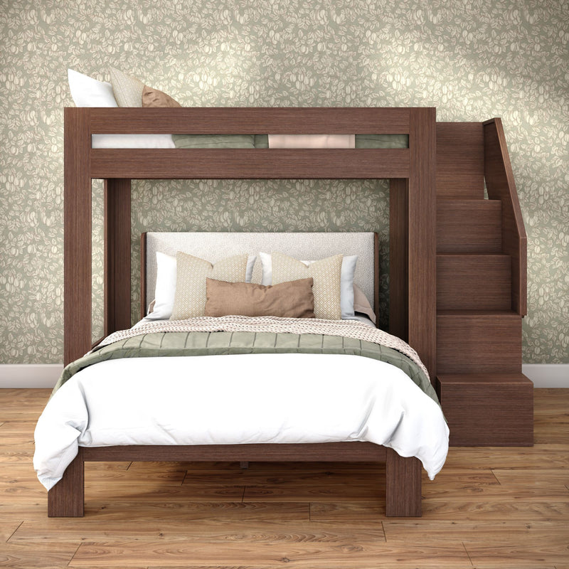 Modern wooden loft bed with built-in stairs over full-size lower bed, neutral bedding, floral wallpaper and hardwood floor, space-saving bedroom furniture