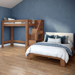 Modern bedroom design: wooden loft bunk bed with staircase storage and full bed, blue accent wall, hardwood flooring, blue-and-white bedding