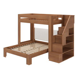 Modern walnut wood loft bunk bed with upper sleeping area, lower platform bed and staircase with built-in shelving — space-saving kids' bedroom furniture