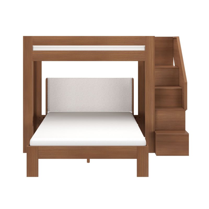 Modern walnut-finish wooden bunk bed with built-in staircase and storage drawers, upholstered lower headboard and full-size lower mattress — space-saving loft bunk for kids' bedroom or guest room