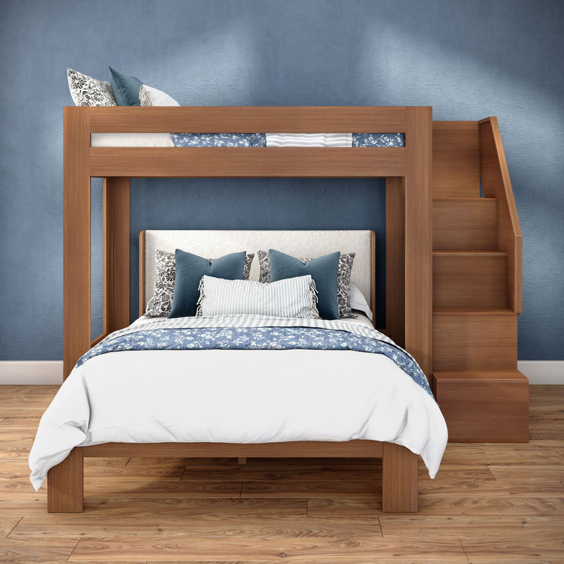 Space-saving modern wooden twin-over-full bunk bed with stairs, blue and white bedding, hardwood floor and textured blue bedroom wall