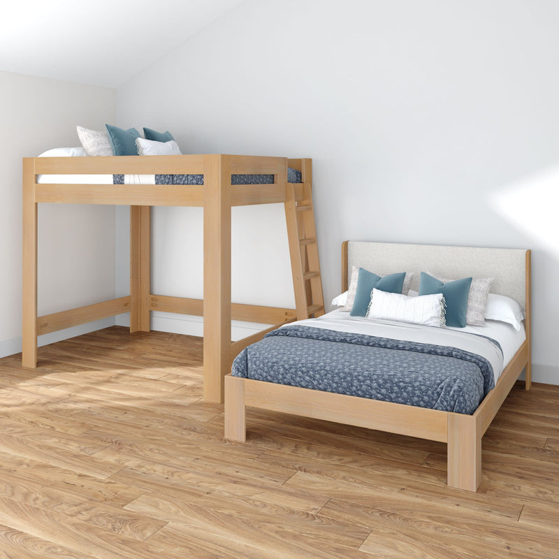 Light-wood loft bed with ladder and matching platform bed in a minimalist bedroom with blue bedding and hardwood floors