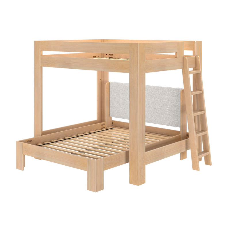 Natural light wood twin-over-full bunk bed with ladder and slatted mattress bases — modern minimalist kids' loft bed for small bedrooms